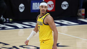 Indiana Pacers guard Andrew Nembhard (2) looks on in the fourth quarter during Game 6 of the Eastern Conference Finals against the New York Knicks for the 2025 NBA Playoffs at Gainbridge Fieldhouse.