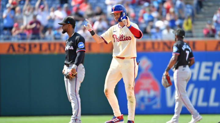 Jun 30, 2024; Philadelphia, Pennsylvania, USA; Philadelphia Phillies shortstop Trea Turner (7) reacts after hitting a double.