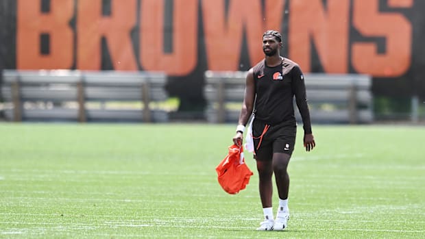 Cleveland Browns quarterback Shedeur Sanders (12) walks off the field during minicamp at CrossCountry Mortgage Campus.