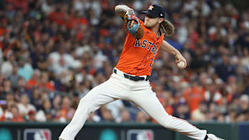 Oct 2, 2024; Houston, Texas, USA; Houston Astros pitcher Josh Hader (71) throws against the Detroit Tigers during the eighth inning of game two of the Wildcard round for the 2024 MLB Playoffs at Minute Maid Park. 