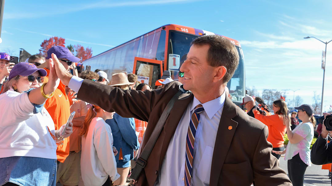 Nov 9, 2024; Blacksburg, Virginia, USA; Clemson Tigers head coach Dabo Swinney greets fans before the game against the Virginia Tech Hokies at Lane Stadium.
