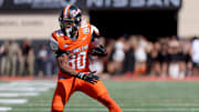 Oklahoma State's Brennan Presley (80) runs after a reception in the first half of the college football between the Oklahoma State University Cowboys and the Utah Utes at Boone Pickens Stadium in Stillwater, Okla., Saturday, Sept., 21, 2024.