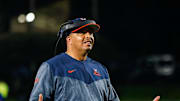 Oct 1, 2022; Durham, North Carolina, USA; Virginia Cavaliers head coach Tony Elliot reacts during the second half against the Duke Blue Devils at Wallace Wade Stadium. Mandatory Credit: Jaylynn Nash-Imagn Images