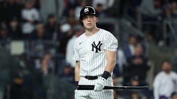 Oct 2, 2025; Bronx, New York, USA; New York Yankees first baseman Ben Rice (22) reacts after striking out in the fourth inning against the Boston Red Sox during game three of the Wildcard round for the 2025 MLB playoffs at Yankee Stadium. Mandatory Credit: Vincent Carchietta-Imagn Images