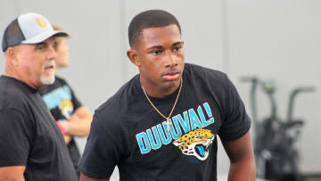 Mandarin quarterback Tramell Jones prepares to toss a football during the 2023 Jaguars' QB Skills Challenge at TIAA Bank.

Img 9124 2