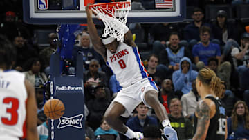 Dec 9, 2022; Memphis, Tennessee, USA; Detroit Pistons center Jalen Duren (0) dunks during the second