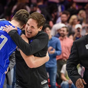Nov 18, 2019; Dallas, TX, USA; Dallas Mavericks owner Mark Cuban hugs forward Luka Doncic (77) after the win over the San Antonio Spurs at the American Airlines Center. Mandatory Credit: Jerome Miron-Imagn Images