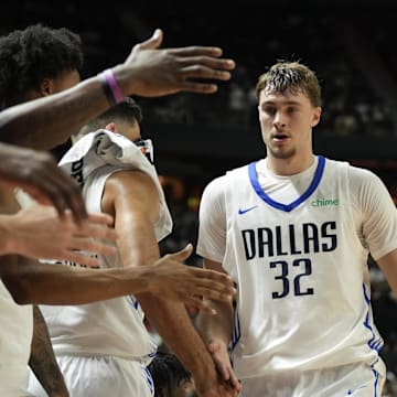 Jul 10, 2025; Las Vegas, NV, USA; Dallas Mavericks forward Cooper Flagg (32) subs out against the Los Angeles Lakers in the second quarter of their game at Thomas & Mack Center. Mandatory Credit: Candice Ward-Imagn Images
