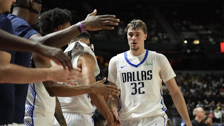 Jul 10, 2025; Las Vegas, NV, USA; Dallas Mavericks forward Cooper Flagg (32) subs out against the Los Angeles Lakers in the second quarter of their game at Thomas & Mack Center. Mandatory Credit: Candice Ward-Imagn Images
