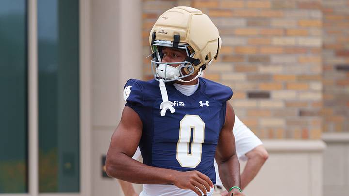 Wide receiver Quincy Porter walks to a Notre Dame football practice at Irish Athletic Center on Thursday, Aug. 6, 2026, in South Bend.