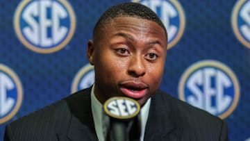 Jul 16, 2025; Atlanta, GA, USA; Florida State Gators quarterback DJ Lagway answers questions from the media during the SEC Media Days at Omni Atlanta Hotel. Mandatory Credit: Jordan Godfree-Imagn Images