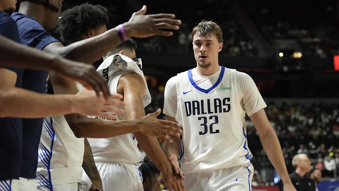 Jul 10, 2025; Las Vegas, NV, USA; Dallas Mavericks forward Cooper Flagg (32) subs out against the Los Angeles Lakers in the second quarter of their game at Thomas & Mack Center. Mandatory Credit: Candice Ward-Imagn Images