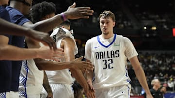 Jul 10, 2025; Las Vegas, NV, USA; Dallas Mavericks forward Cooper Flagg (32) subs out against the Los Angeles Lakers in the second quarter of their game at Thomas & Mack Center. Mandatory Credit: Candice Ward-Imagn Images