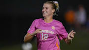Tennessee defender Ally Brown (18) smiles after scoring a a goal during a NCAA soccer game between Tennessee and Georgia at Regal Soccer Stadium in Knoxville, Tennessee on October 2, 2025.