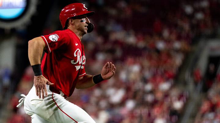 Cincinnati Reds first baseman Spencer Steer (7) scores on a 3-run RBI double hit by Cincinnati Reds right fielder Noelvi Marte (4) in the sixth inning between the Philadelphia Phillies and Cincinnati Reds at Great American Ball Park in Cincinnati on Wednesday, July 8, 2026.