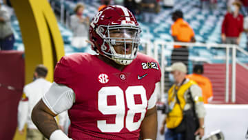 Jan 11, 2021; Miami Gardens, Florida, USA; Alabama Crimson Tide defensive lineman Jamil Burroughs (98) against the Ohio State Buckeyes in the 2021 College Football Playoff National Championship Game. Mandatory Credit: Mark J. Rebilas-Imagn Images