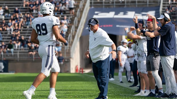 Yale celebrates a touchdown against UConn in 202