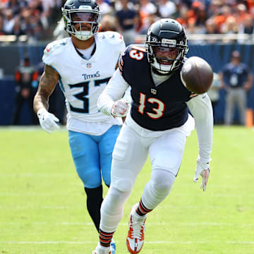 Keenan Allen gives chase to a long deep ball from QB Caleb Williams in the season-opening 24-17 Bears win over Tennessee.