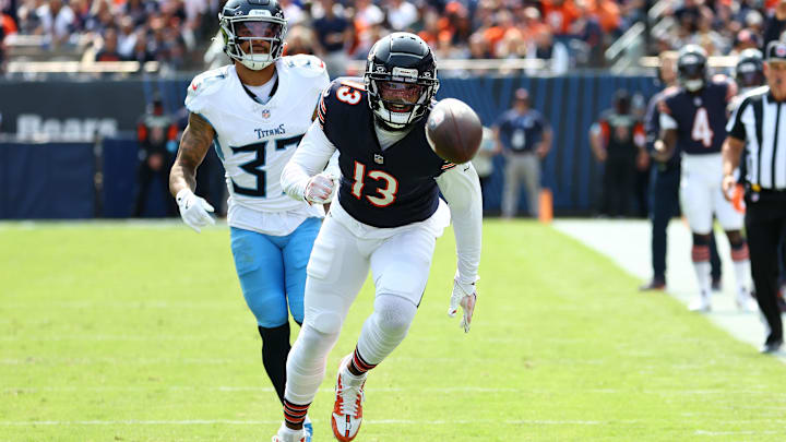 Keenan Allen gives chase to a long deep ball from QB Caleb Williams in the season-opening 24-17 Bears win over Tennessee.