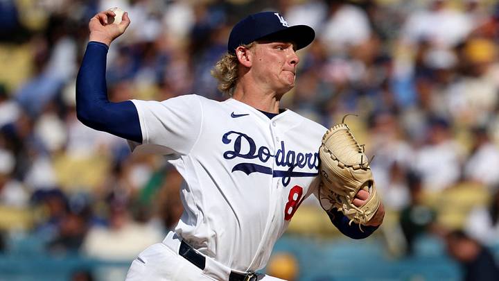 Jul 5, 2026; Los Angeles, California, USA; Los Angeles Dodgers pitcher Emmet Sheehan (80) pitches in the first inning against the San Diego Padres at Dodger Stadium. Mandatory Credit: Kiyoshi Mio-Imagn Images