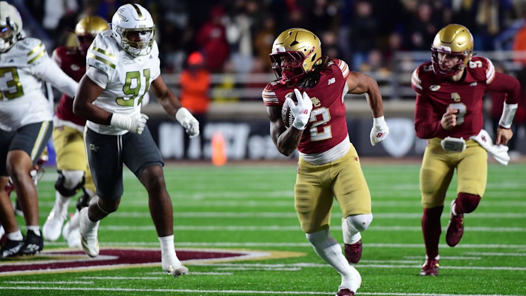 Nov 15, 2025; Chestnut Hill, Massachusetts, USA; Boston College Eagles running back Turbo Richard (2) runs with the ball during the second half against Georgia Tech Yellow Jackets at Alumni Stadium. Mandatory Credit: Bob DeChiara-Imagn Images