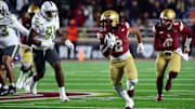 Nov 15, 2025; Chestnut Hill, Massachusetts, USA; Boston College Eagles running back Turbo Richard (2) runs with the ball during the second half against Georgia Tech Yellow Jackets at Alumni Stadium. Mandatory Credit: Bob DeChiara-Imagn Images