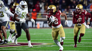 Nov 15, 2025; Chestnut Hill, Massachusetts, USA; Boston College Eagles running back Turbo Richard (2) runs with the ball during the second half against Georgia Tech Yellow Jackets at Alumni Stadium. Mandatory Credit: Bob DeChiara-Imagn Images