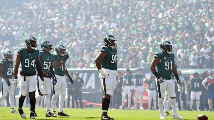 Philadelphia Eagles defensive end Josh Sweat, defensive tackle Jalen Carter and defensive tackle Fletcher Cox 
