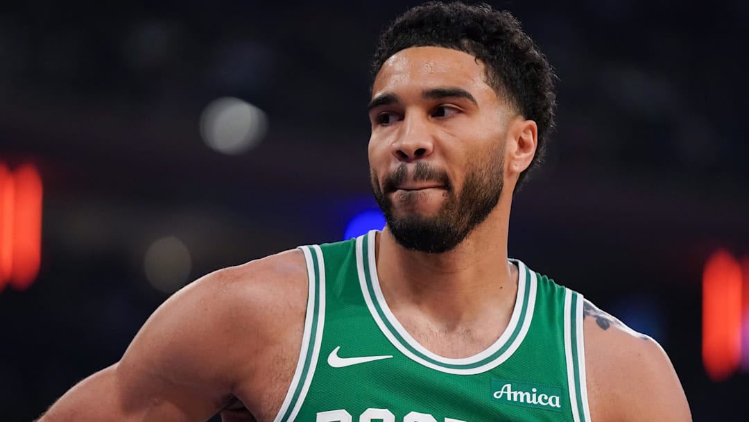Apr 9, 2026; New York, New York, USA; Boston Celtics forward Jayson Tatum (0) looks on during the first half against the New York Knicks at Madison Square Garden. Mandatory Credit: Lucas Boland-Imagn Images