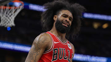 Mar 6, 2025; Orlando, Florida, USA; Chicago Bulls guard Coby White (0) reacts after a play against the Orlando Magic in the third quarter at Kia Center. Mandatory Credit: Nathan Ray Seebeck-Imagn Images