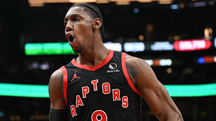 Mar 13, 2026; Toronto, Ontario, CAN;  Toronto Raptors forward RJ Barrett (9) reacts after making a three point basket against the Phoenix Suns in the second half at Scotiabank Arena. Mandatory Credit: Dan Hamilton-Imagn Images