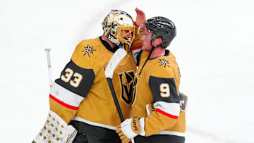 Feb 22, 2025; Las Vegas, Nevada, USA; Vegas Golden Knights center Jack Eichel (9) congratulates Vegas Golden Knights goaltender Adin Hill (33) after the Golden Knights defeated the Vancouver Canucks at T-Mobile Arena. Mandatory Credit: Stephen R. Sylvanie-Imagn Images