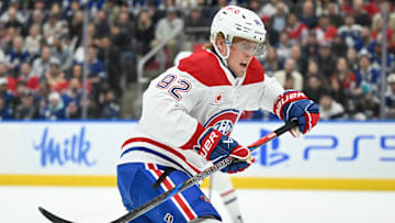 Apr 12, 2025; Toronto, Ontario, CAN;  Montreal Canadiens forward Patrik Laine (92) pursues the play against the Toronto Maple Leafs in the second period at Scotiabank Arena. Mandatory Credit: Dan Hamilton-Imagn Images