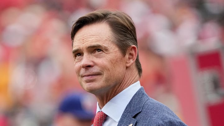 Sep 14, 2025; Kansas City, Missouri, USA; Kansas City Chiefs president Mark Donovan looks on prior to the game against the Philadelphia Eagles at GEHA Field at Arrowhead Stadium. Mandatory Credit: Denny Medley-Imagn Images