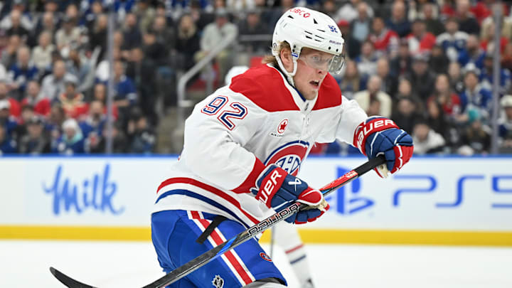 Apr 12, 2025; Toronto, Ontario, CAN;  Montreal Canadiens forward Patrik Laine (92) pursues the play against the Toronto Maple Leafs in the second period at Scotiabank Arena. Mandatory Credit: Dan Hamilton-Imagn Images