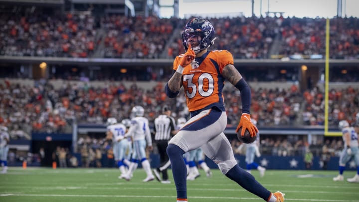 Nov 7, 2021; Arlington, Texas, USA; Denver Broncos safety Caden Sterns (30) in action during the game between the Dallas Cowboys and the Denver Broncos at AT&T Stadium. Mandatory Credit: Jerome Miron-USA TODAY Sports