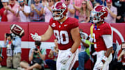 Nov 15, 2025; Tuscaloosa, Alabama, USA;  Alabama Crimson Tide tight end Josh Cuevas (80) celebrates after scoring a touchdown during the first half against the Oklahoma Sooners at Saban Field at Bryant-Denny Stadium. Mandatory Credit: David Leong-Imagn Images