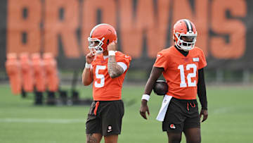 Jun 12, 2025; Berea, OH, USA; Cleveland Browns quarterback Dillon Gabriel (5) and quarterback Shedeur Sanders (12) during mini camp at CrossCountry Mortgage Campus. Mandatory Credit: Ken Blaze-Imagn Images