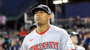 Nov 9, 2025; Mesa, AZ, USA; Cincinnati Reds catcher Alfredo Duno during the Arizona Fall League Fall Stars Game at Sloan Park. Mandatory Credit: Mark J. Rebilas-Imagn Images