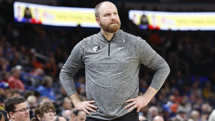 Mar 10, 2024; Oklahoma City, Oklahoma, USA; Memphis Grizzlies head coach Taylor Jenkins watches his team play against the Oklahoma City Thunder during the second half at Paycom Center. Mandatory Credit: Alonzo Adams-USA TODAY Sports