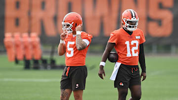 Jun 12, 2025; Berea, OH, USA; Cleveland Browns quarterback Dillon Gabriel (5) and quarterback Shedeur Sanders (12) during mini camp at CrossCountry Mortgage Campus. Mandatory Credit: Ken Blaze-Imagn Images