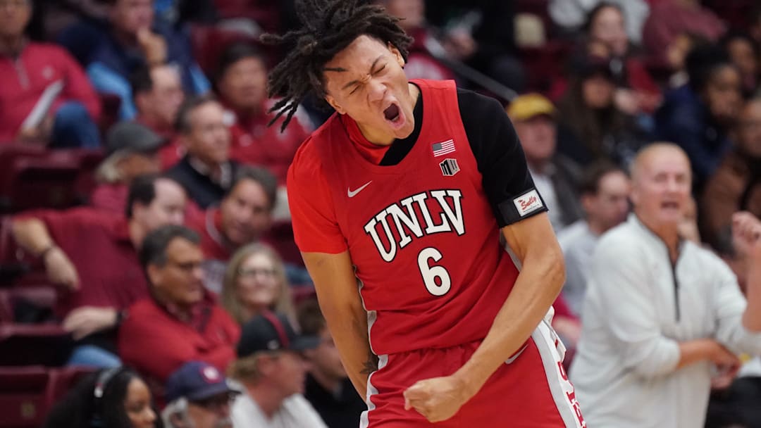 UNLV Runnin' Rebels forward Tyrin Jones (6) celebrates a basket against the Stanford Cardinal in the first half at Maples Pavilion. Mandatory Credit: David Gonzales-Imagn Images