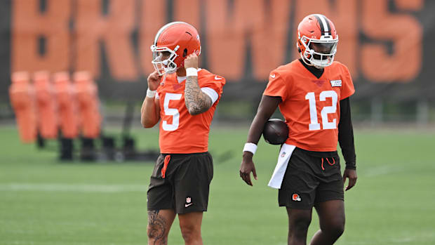 Cleveland Browns quarterback Dillon Gabriel (5) and quarterback Shedeur Sanders (12) during mini camp