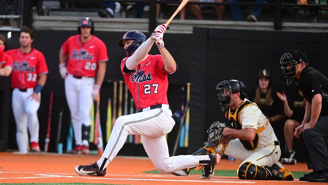Ole Miss Rebels infielder Judd Utermark (27) bats against the Southern Miss Golden Eagles at Pete Taylor Park in Hattiesburg, Miss., on Mar. 10, 2026.