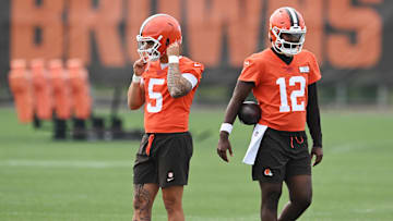Jun 12, 2025; Berea, OH, USA; Cleveland Browns quarterback Dillon Gabriel (5) and quarterback Shedeur Sanders (12) during mini camp at CrossCountry Mortgage Campus. Mandatory Credit: Ken Blaze-Imagn Images