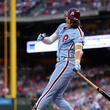 Aug 29, 2024; Philadelphia, Pennsylvania, USA; Philadelphia Phillies third base Alec Bohm (28) is injured while swinging at a pitch during the first inning against the Atlanta Braves at Citizens Bank Park.