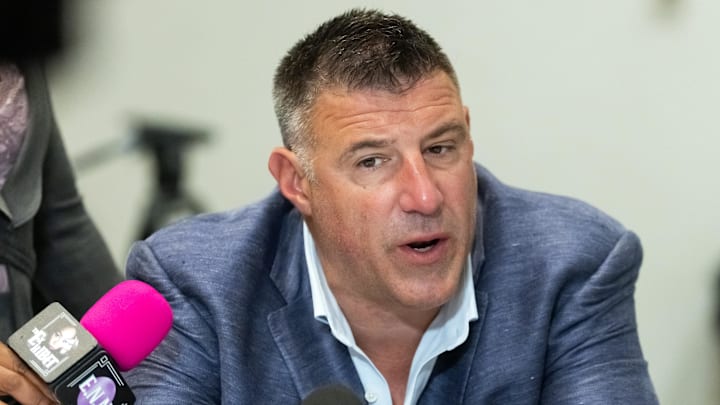 Mar 31, 2026; Phoenix, AZ, USA; New England Patriots head coach Mike Vrabel speaks to reporters in the media during the 2026 NFL Annual League Meeting at the Arizona Biltmore. Mandatory Credit: Mark J. Rebilas-Imagn Images