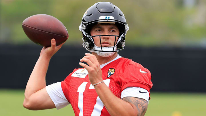 Jacksonville Jaguars quarterback Joey Aguilar (17) throws the ball during rookie minicamp at the Miller Electric Center, Saturday, May 9, 2026 in Jacksonville, Fla. Today was the second of a three day camp concluding Sunday.