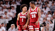 Jan 11, 2025; College Station, Texas, USA; Alabama Crimson Tide guard Mark Sears (1) talks with Alabama Crimson Tide forward Derrion Reid (35) during a timeout against the Texas A&M Aggies during the second half at Reed Arena. Mandatory Credit: Erik Williams-Imagn Images