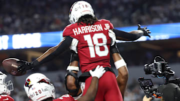 Nov 3, 2025; Arlington, Texas, USA; Arizona Cardinals wide receiver Marvin Harrison Jr. (18) celebrates with teammates after scoring a touchdown against the Dallas Cowboys in the first half at AT&T Stadium. Mandatory Credit: Kevin Jairaj-Imagn Images